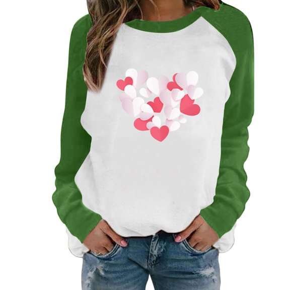 Tisuna Women Valentine'S Sweatshirt Color Block Heart Print Long Sleeve Crew Neck Tops Fashion Casual Spring Festival Ladies Pullover Hoodless Green Size M