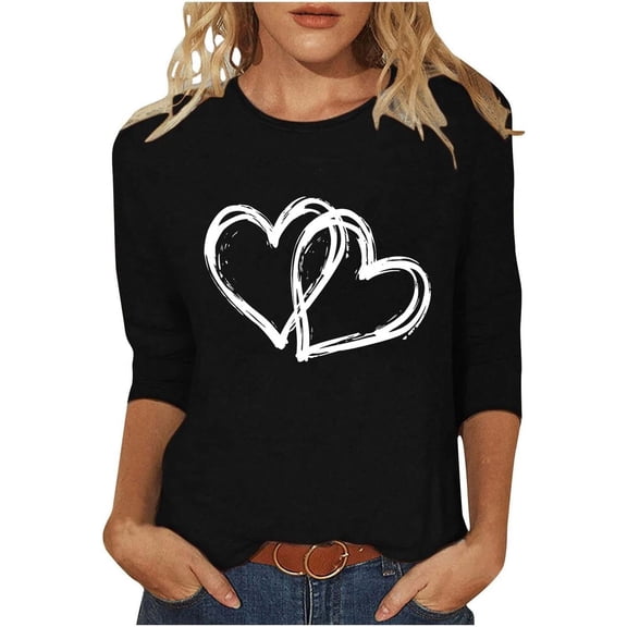 Tisuna Women Valentine T Shirt Heart Print Cropped Sleeve Crew Neck Tops Fashion Loose Ladies Summer Pullover Shirt Black Size L