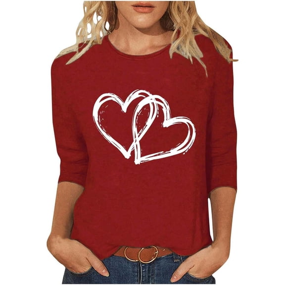 Tisuna Women Valentine T Shirt Heart Print Cropped Sleeve Crew Neck Tops Fashion Loose Ladies Summer Pullover Shirt Red Size L
