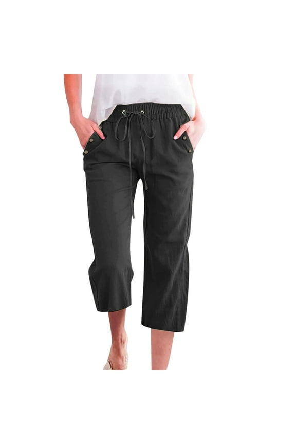 Womens Capri Pants Solid Color Elastic Waist Straight Leg Trousers With Pockets Breathable Relax Fit Female Holiday Party Pants Black Size L