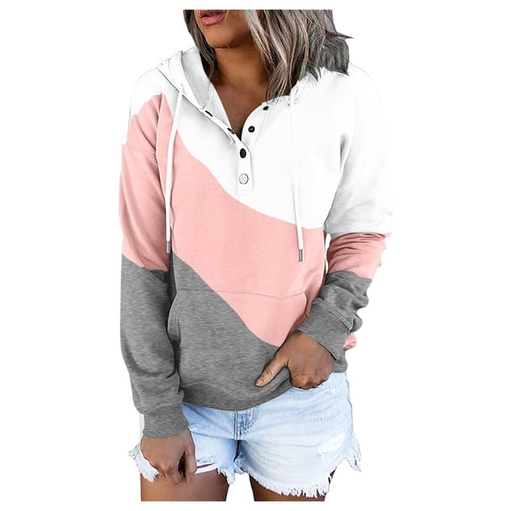 Tisuna Womens Color Block Button Hoodies Casual Long Sleeve Pullover Tops Loose Sweatshirts With Pockets Outdoor Play Fall Winter Clothes Size S