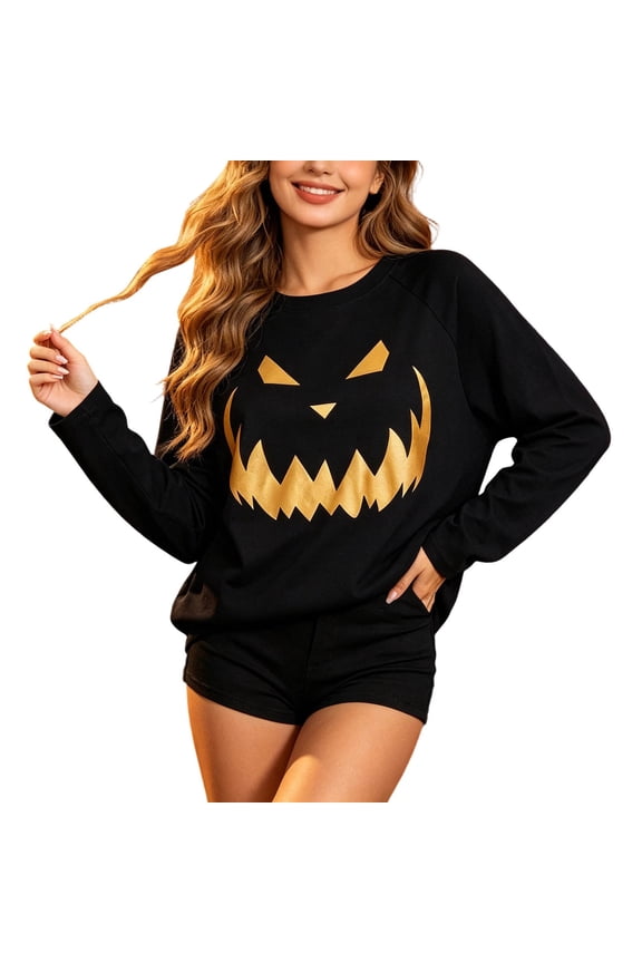 Womens Halloween Long Sleeve T Shirts Pumpkin Print Crewneck Sweatshirts Trendy Ladies Halloween Theme Party Clothes Blue Size L
