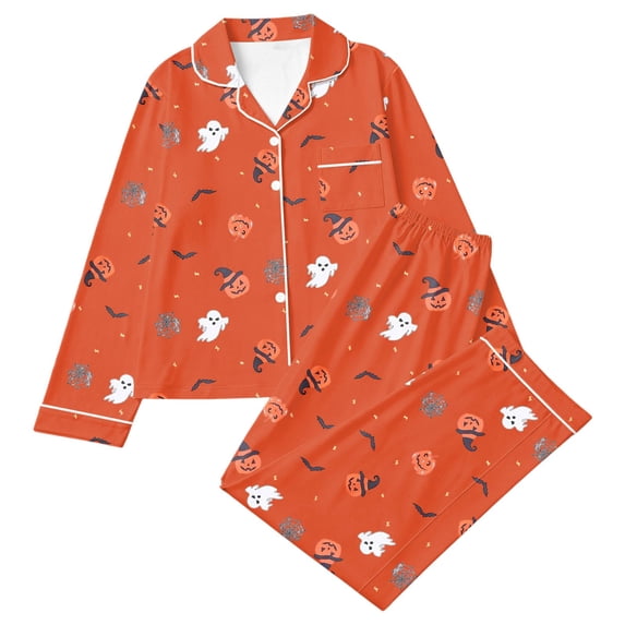 Tisuna Womens Halloween Pajamas Set Pumpkin Ghost Bat Print Long Sleeve Button Down Tops And Pants Sleepwear Pjs Sets Fashion 2 Pieces Housewear S-XXL
