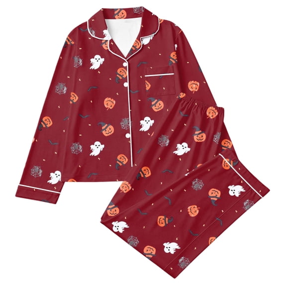 Tisuna Womens Halloween Pajamas Set Pumpkin Ghost Bat Print Long Sleeve Button Down Tops And Pants Sleepwear Pjs Sets Fashion 2 Pieces Housewear S-XXL