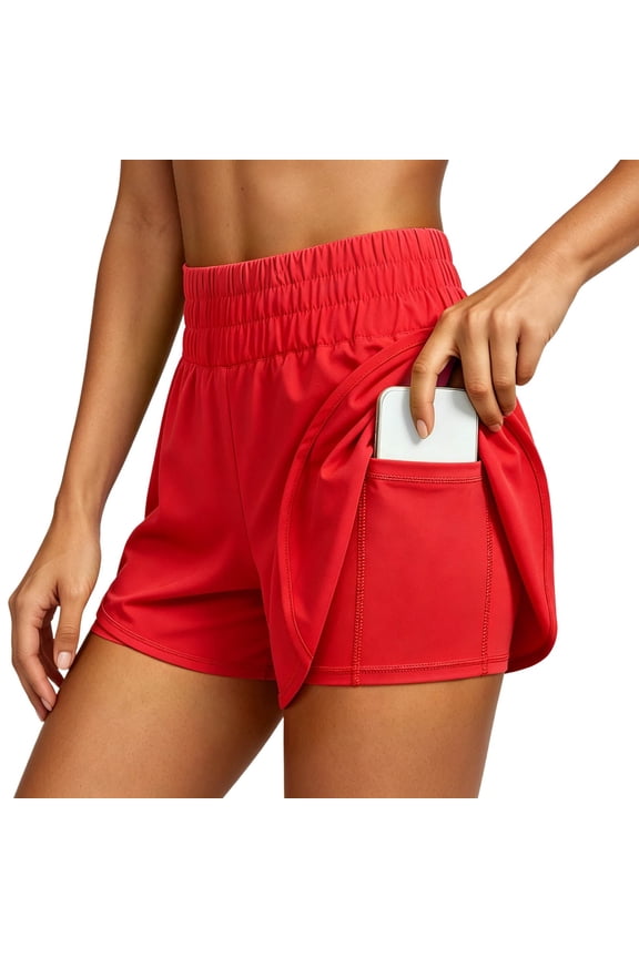 Womens Yoga Shorts High Waist Solid Color Trendy Running Shorts Ladies Straight Leg Sport Athletic Double Layer Shorts Red