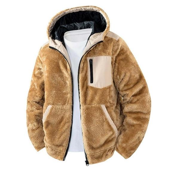 Tisuna Zipper Jacket For Men Color Block Long Sleeve Hooded Coat Comfortable Leisure Autumn Winter Men Hoodie Jacket Khaki Size S