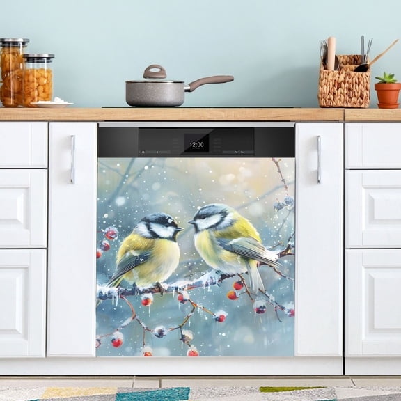 Tit Winter Red Plum Tree Branch Dishwasher Magnet Refrigerator Magnetic Cover Washing Machine Magnet Sticker Kitchen Decor