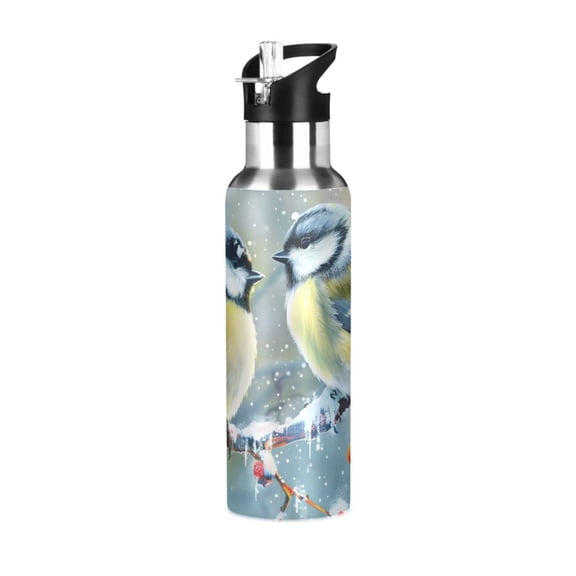 Tit Winter Red Plum Tree Branch Sports Bottle with Straw Stainless Steel Water Jug Portable Thermal Cup Leak-proof 600ML