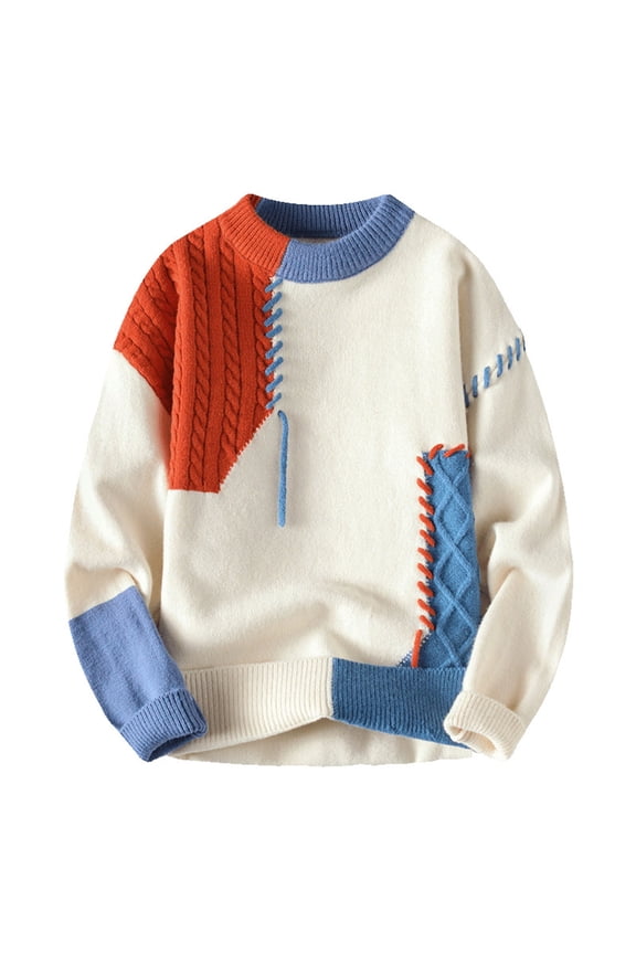 Men's Casual Knit Pullover Sweater Fleece Lined Soft Elasticity Beige Orange 4XL