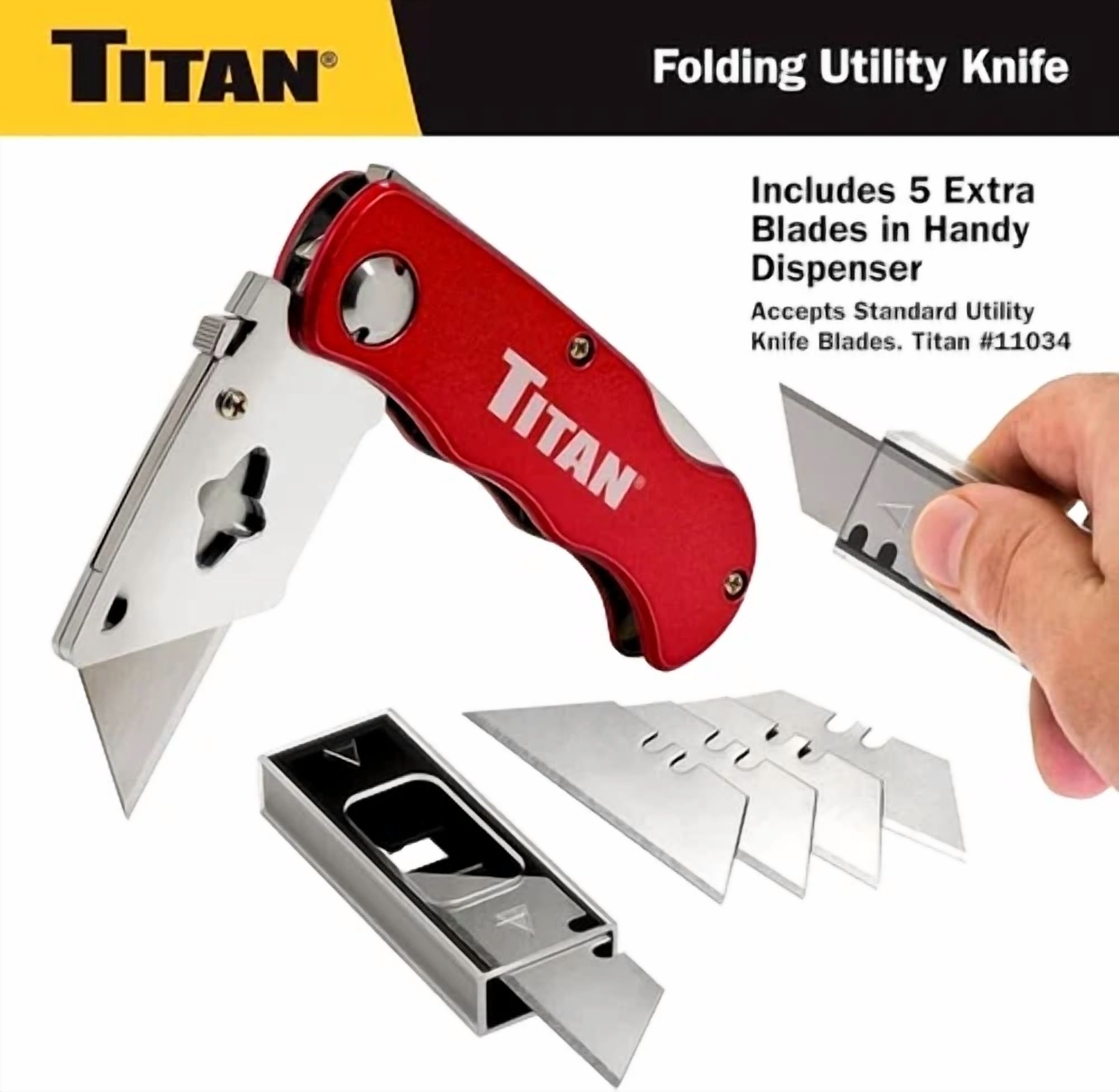 Titan 11015 Folding Utility Knife Box Cutter W/ 5Pc Blade Pack Red ...