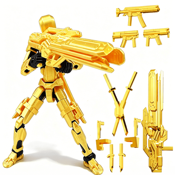 Titan 13 Action Figure, 3D Printed Dummy Robot 13 Action Figures, With 10 Weapons, Multi Jointed, Cloak Posing, Weapon Display, Photo Props, Gold