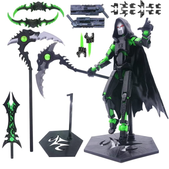 Titan 13 Robot Action Figure Cloak Set, T13 Action Figure, 3D Printed Robot 13 Action Figure, Black-Green Reaper with Multi-Weapon Kits