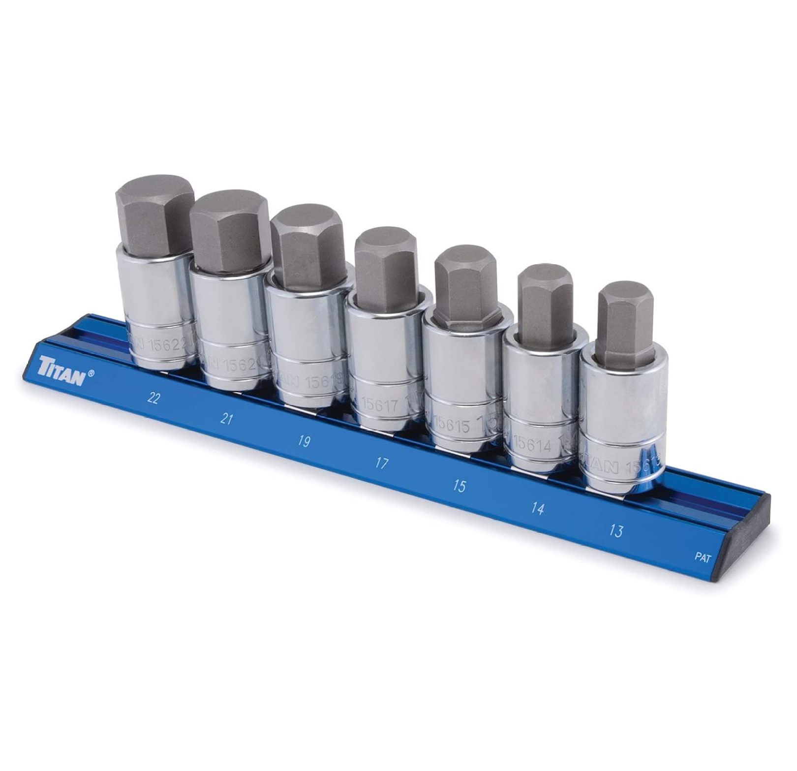 Titan 16131 7Piece 1/2Inch Drive Metric Hex Bit Socket Set, Socket Organizer with