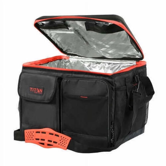 Titan 50-Can Collapsible Cooler Black & Red TableTop with 2 Drink Holders & Lid