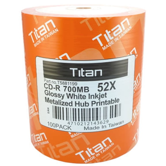 Titan 52X CD-R CDR Glossy White Inkjet Hub Printable Discs (T5881199-100)