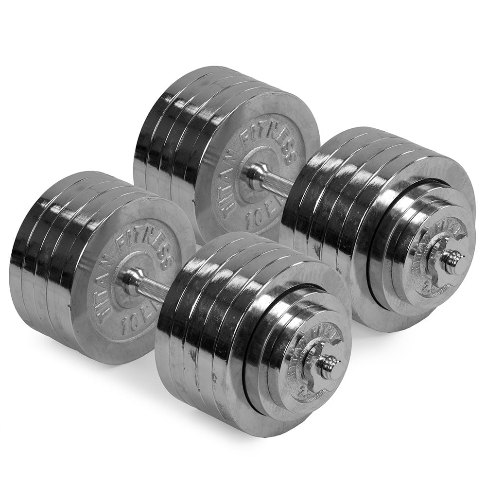 Titan Fitness 200 LB Adjustable Chrome Dumbbell Set, Pair of 100 LB Dumbbells, Medium Knurl Grip Handles