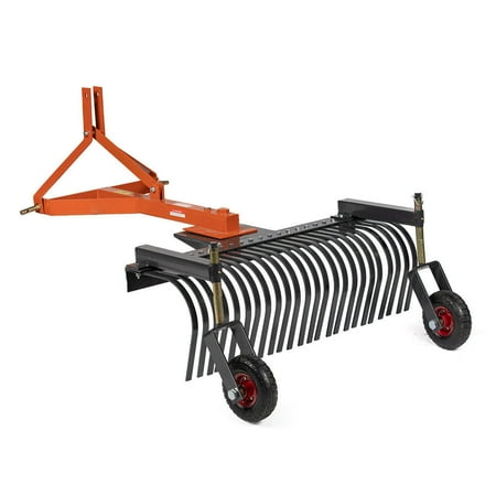 Titan Attachments 3 Point 4 FT Landscape Rake with Bolt-On Wheels for Compact Tractors, Fits Category 1 Hookup, Tow-Behind Garden Tool, Landscaper, and Grass Comb