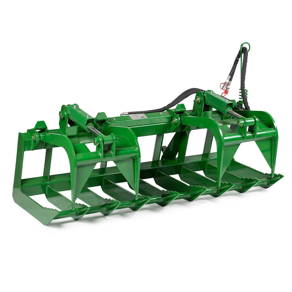 Titan Attachments 72in Global Euro Root Grapple Bucket Attachment Fits John Deere Tractors, Dual 3,000 PSI Hydraulic Cylinder, Green Finish, Serrated Leading Edge Bottom Teeth