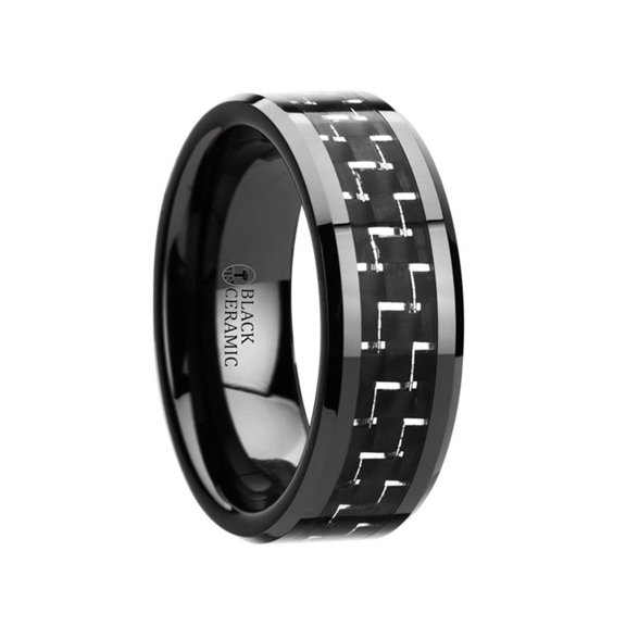 Titan Black Beveled Ceramic Ring With Silver Black Carbon Fiber Inlay