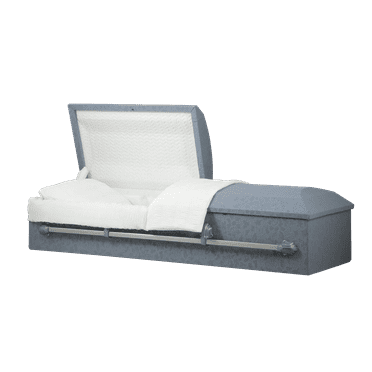 Titan Casket, Cloth Covered Casket (Rounded Top) with Slate Gray Exterior and White Crepe Interior