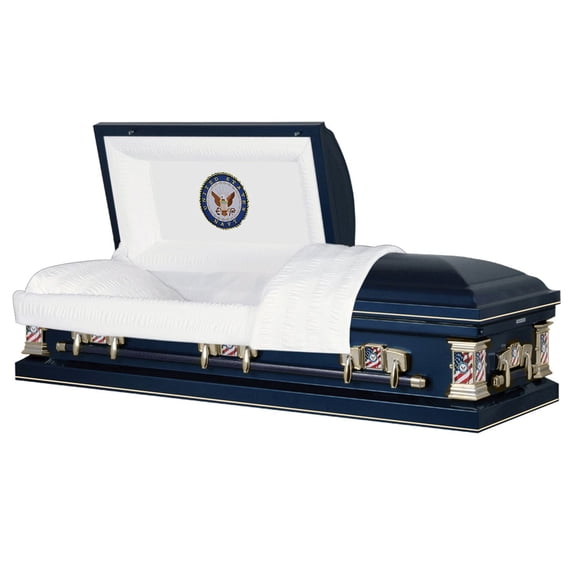 Titan Casket, Veteran Premier Steel Navy Casket with White Crepe Interior and Navy Head Panel
