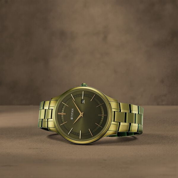 Titan Classique Slimline Green Dial Analog with Day and Date Stainless Steel Strap watch for Men