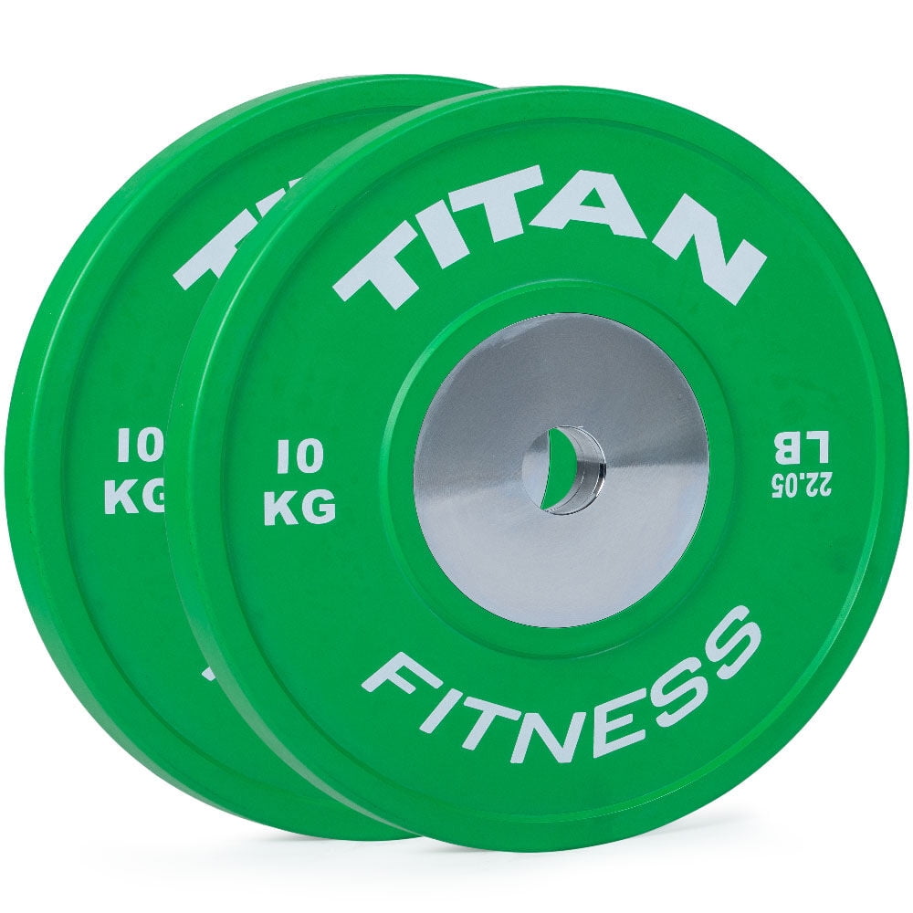 Titan Fitness 10 KG Green Elite Color Olympic Bumper Plates, Sold as a Pair, Competition Weight Plates, Rubber with Steel Insert