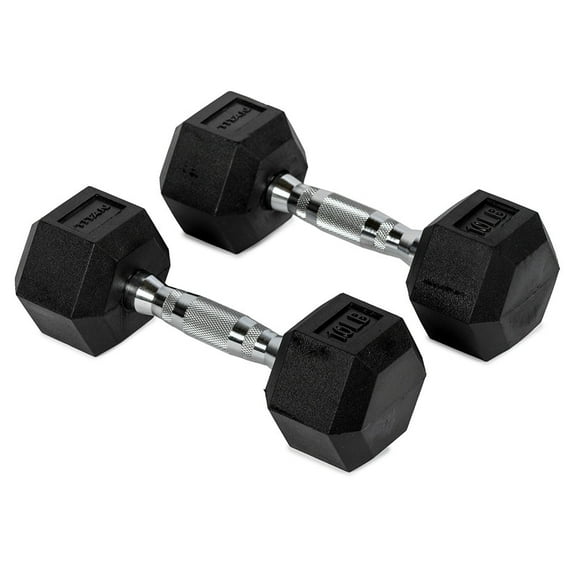 Titan Fitness 10 LB Pair Rubber Coated Hex Dumbbells, Roll-Resistant Hexagonal Free Weights, Chrome-Coated Handles with Knurling, Strength Training Equipment