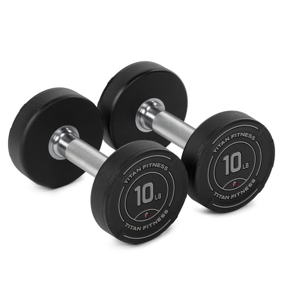 Titan Fitness 10 LB Set Round Urethane Dumbbells, Medium Volcano Knurling, 32mm Grip, Easy-to-Read Weight Indicators, Free Weights for Strength Training