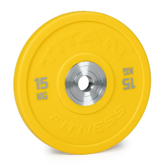 Titan Fitness 15 KG Color Urethane Bumper Plates, Sold Individually, Yellow Colored Mold with Steel Insert
