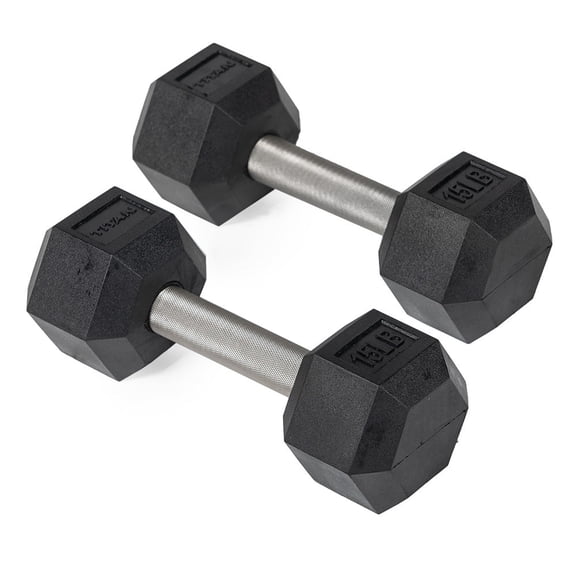Titan Fitness 15 LB Pair Rubber Coated Hex Dumbbells, Roll-Resistant Hexagonal Free Weights, Chrome-Coated Handles with Knurling, Strength Training Equipment
