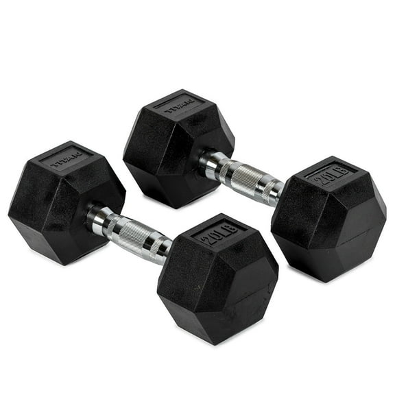Titan Fitness 20 LB Pair Rubber Coated Hex Dumbbells, Roll-Resistant Hexagonal Free Weights, Chrome-Coated Handles with Knurling, Strength Training Equipment
