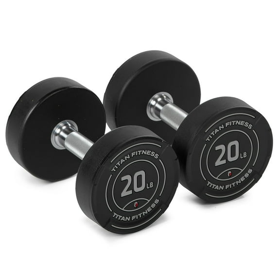 Titan Fitness 20 LB Set Round Urethane Dumbbells, Medium Volcano Knurling, 32mm Grip, Easy-to-Read Weight Indicators, Free Weights for Strength Training