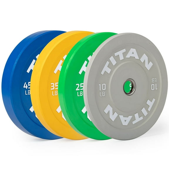 Titan Fitness 230 LB Set Economy Olympic Bumper Plates, Color-Coded by IWF Standards, Low Bounce Rubber with Steel Insert