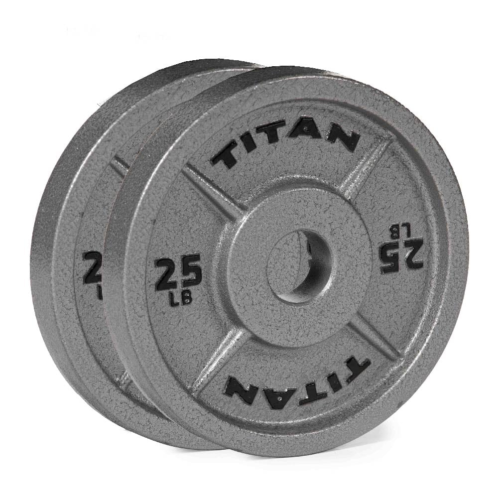 Titan Fitness 25 LB Cast Iron Olympic Plates, Sold In Pairs, Classic Weight Plate Design, Silver Hammer Finish