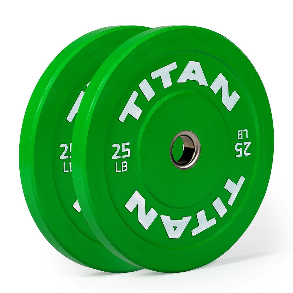 Titan Fitness 25 LB Economy Olympic Bumper Plates, Color-Coded by IWF Standards, Low Bounce Rubber with Steel Insert