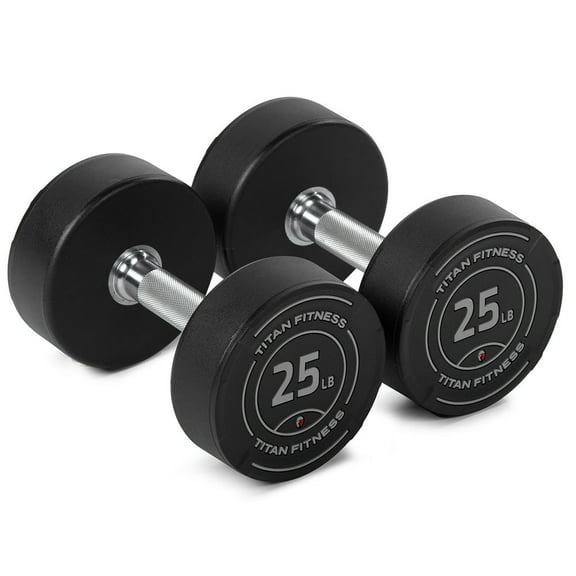 Titan Fitness 25 LB Set Round Urethane Dumbbells, Medium Volcano Knurling, 32mm Grip, Easy-to-Read Weight Indicators, Free Weights for Strength Training