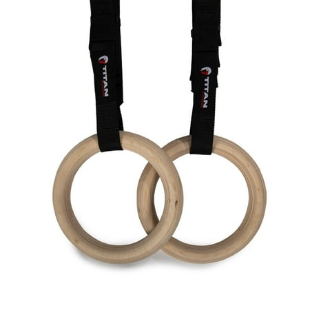 Titan Fitness 28mm Gymnastics Rings, Non-Slip Wooden Rings, Extra Long 16 FT Nylon Straps, FIG Gymnastic Rings with Cam Buckle System, Olympic Pull Up Fitness Rings, Rated 600 LB