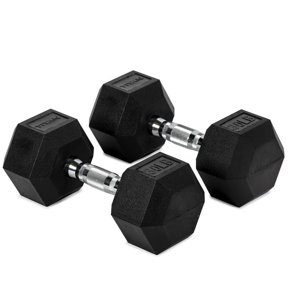 Titan Fitness 30 LB Pair Free Weights, Black Rubber Coated Hex Dumbbell, Ergonomic Cast Iron Handle, Strength Training