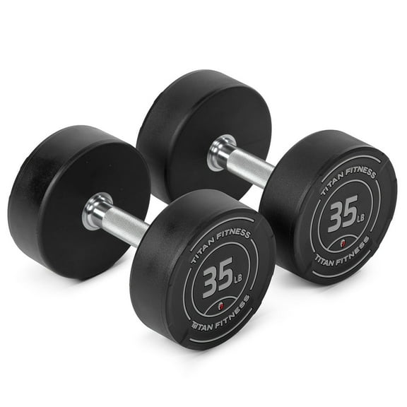 Titan Fitness 35 LB Set Round Urethane Dumbbells, Medium Volcano Knurling, 32mm Grip, Easy-to-Read Weight Indicators, Free Weights for Strength Training