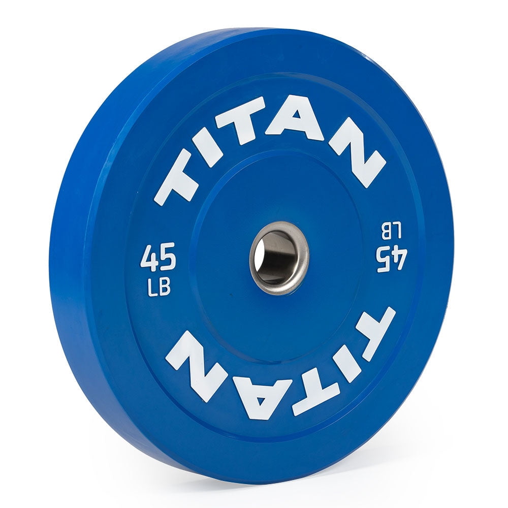 Titan Fitness 45 LB Economy Olympic Bumper Plate, Color-Coded by IWF Standards, Low Bounce Rubber with Steel Insert