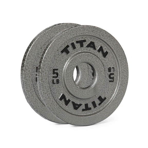 Titan Fitness 5 LB Cast Iron Olympic Plates, Sold In Pairs, Classic Weight Plate Design, Silver Hammer Finish