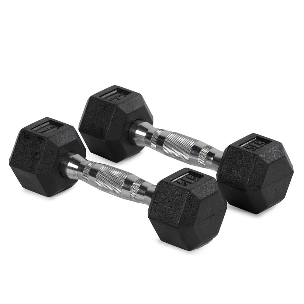 Titan Fitness 5 LB Pair Rubber Coated Hex Dumbbells, Roll-Resistant Hexagonal Free Weights, Chrome-Coated Handles with Knurling, Strength Training Equipment