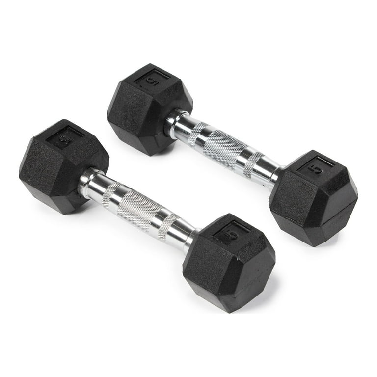 Titan Fitness 5 LB Pair Free Weights, Black Rubber Coated Hex Dumbbell,  Ergonomic Chrome Handle, Strength Training, Full Body Workout 