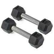 Titan Fitness 5 LB Pair Free Weights, Black Rubber Coated Hex Dumbbell, Straight Stainless Steel Handle, Strength Training, Full Body Workout