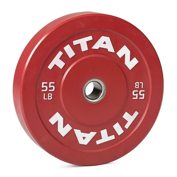 Titan Fitness 55 LB Economy Olympic Bumper Plate, Color-Coded by IWF Standards, Low Bounce Rubber with Steel Insert