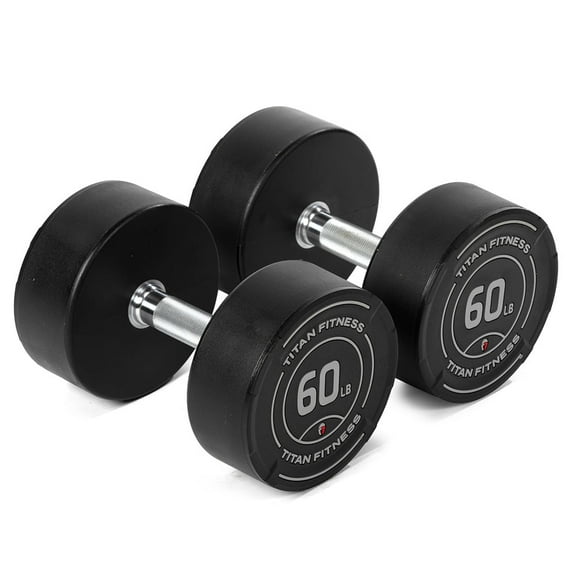Titan Fitness 60 LB Set Round Urethane Dumbbells, Medium Volcano Knurling, 33mm Hard Grip, Easy-to-Read Weight Indicators, Free Weights for Strength Training