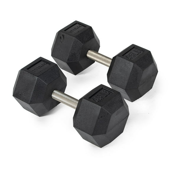 Titan Fitness 65 LB Pair Free Weights, Black Rubber Coated Hex Dumbbell, Straight Stainless Steel Handle, Strength Training, Full Body Workout