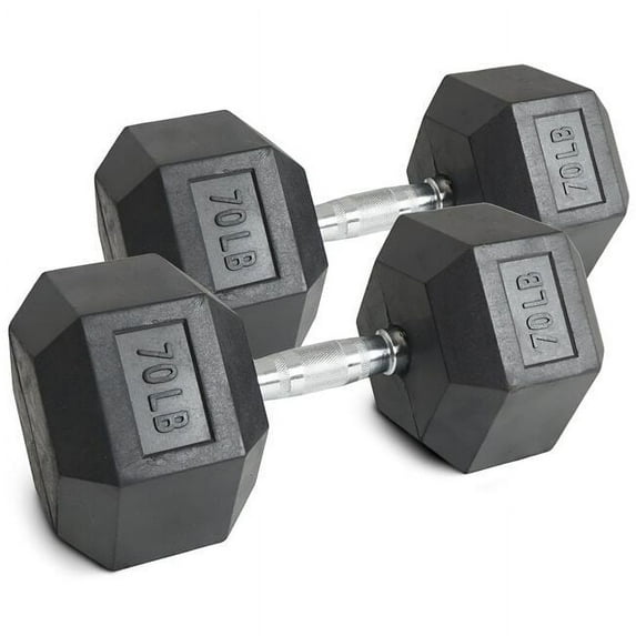 Titan Fitness 70 LB Pair Free Weights, Black Rubber Coated Hex Dumbbell, Ergonomic Cast Iron Handle, Strength Training