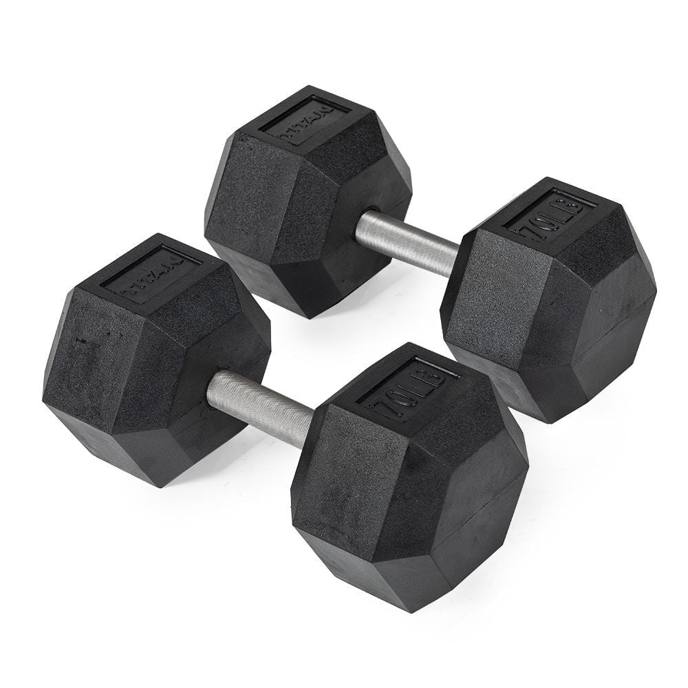 Titan Fitness 70 LB Pair Free Weights, Black Rubber Coated Hex Dumbbell, Straight Stainless Steel Handle, Strength Training, Full Body Workout